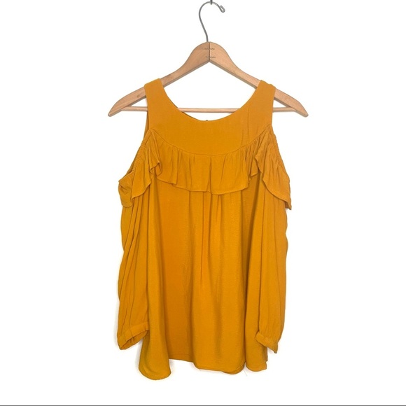 Anthro | Maeve Mustard Ruffle Cold Shoulder Top - Picture 1 of 9